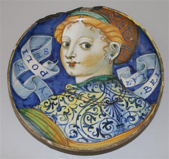 A Castel Durante maiolica Bella Donna dish, first half 16th century, diameter 23cm, losses and damage